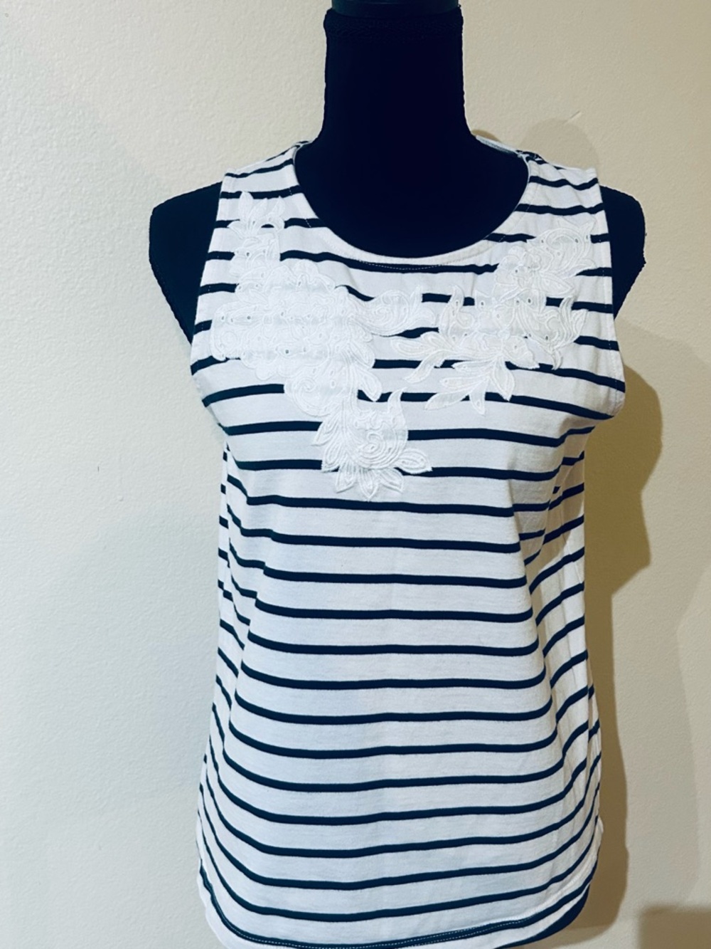 J. Crew Black and White Striped Sleeveless Tank with White Floral Applique